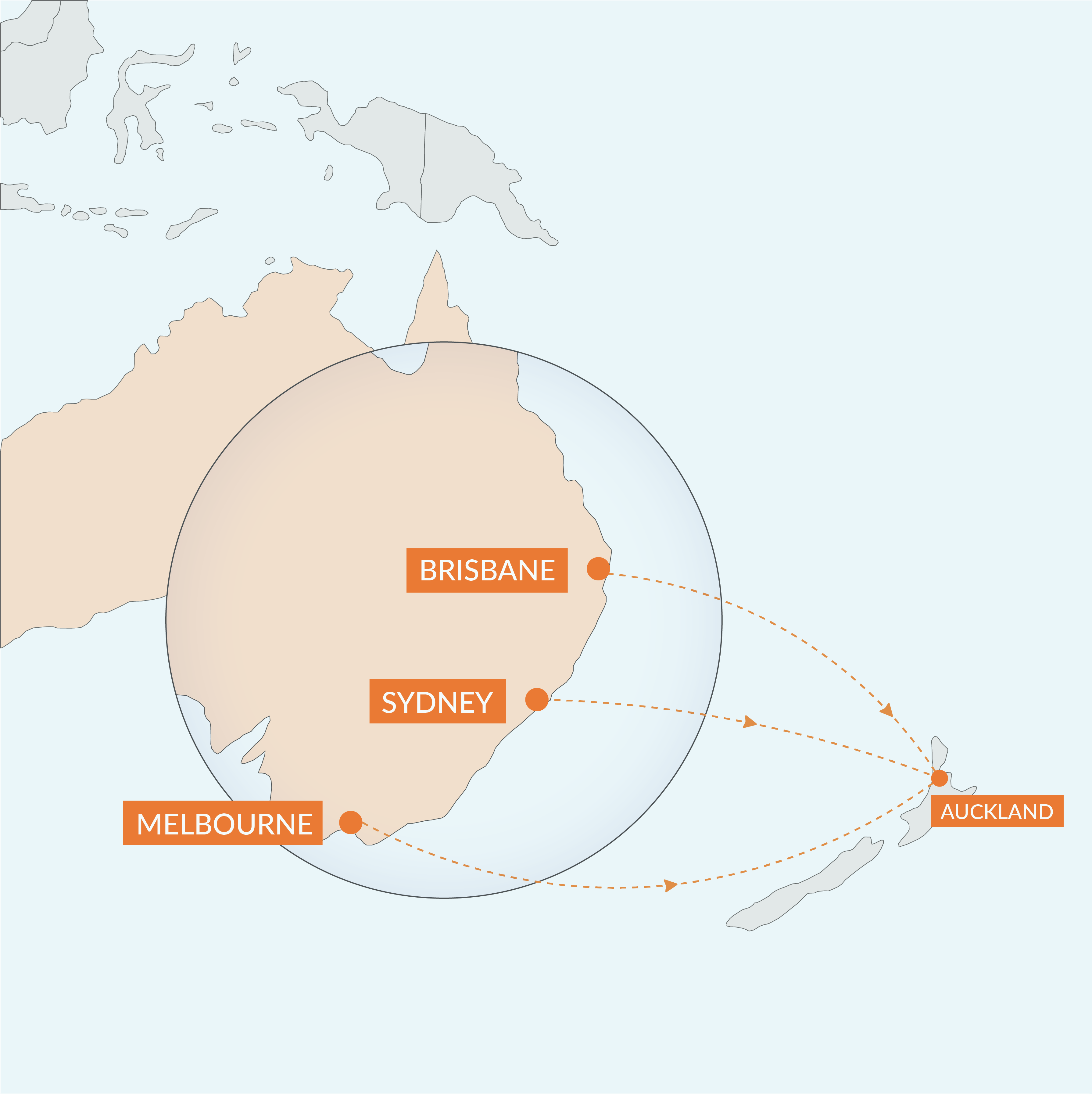 Route map: weekly LCL sailings from Brisbane, Sydney and Melbourne to Auckland
